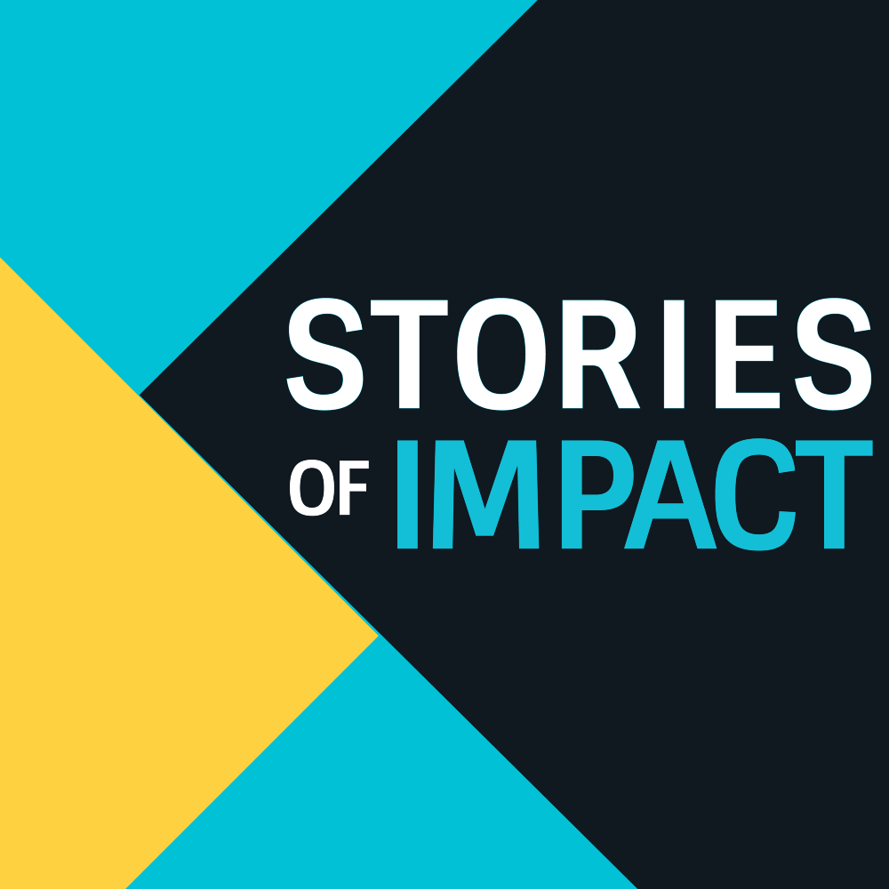Stories of impact on a black blue and yellow background