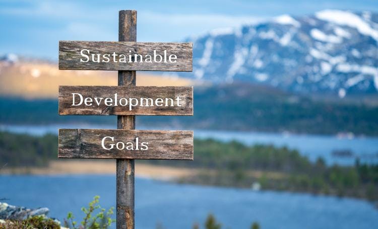 Sign reading "sustainable development goals" in front of a mountain lake background