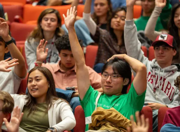 Harvard students participate in Tango trivia at the 2025 freshman orientation. (Courtesy of Dustin Weyand/Harvard University)